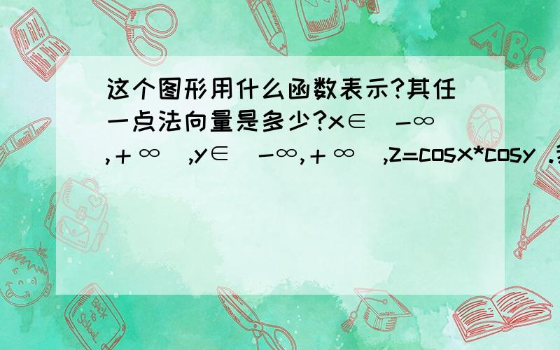 这个图形用什么函数表示?其任一点法向量是多少?x∈(-∞,＋∞),y∈(-∞,＋∞),z=cosx*cosy .我想问,用直角坐标方程或参数方程应如何表示?其任一点法向量又是如何表示?我有点糊涂了,我这样表示