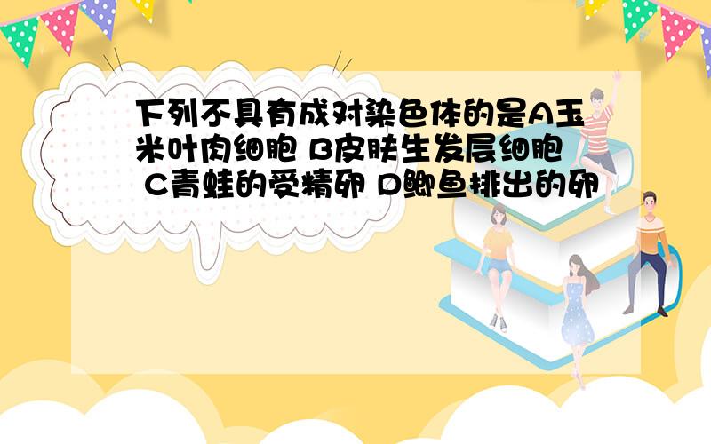 下列不具有成对染色体的是A玉米叶肉细胞 B皮肤生发层细胞 C青蛙的受精卵 D鲫鱼排出的卵