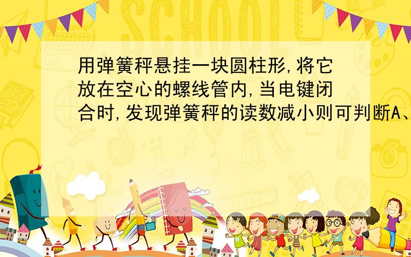 用弹簧秤悬挂一块圆柱形,将它放在空心的螺线管内,当电键闭合时,发现弹簧秤的读数减小则可判断A、圆柱体原来有磁性,下端一定是N级B、圆柱体原来有磁性,下端一定是S级      我认为圆柱体