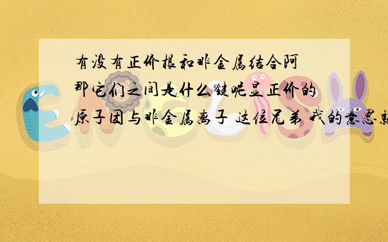 有没有正价根和非金属结合阿 那它们之间是什么键呢显正价的原子团与非金属离子 这位兄弟 我的意思就是这个 真是感动终于有个人听懂我要说什么啦前面的都只是铺垫阿 我理解的是显负