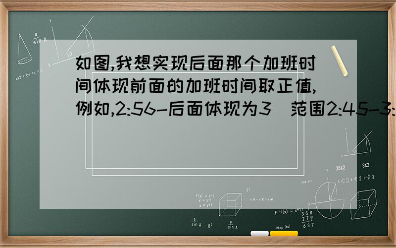 如图,我想实现后面那个加班时间体现前面的加班时间取正值,例如,2:56-后面体现为3（范围2:45-3:15）2:19-后面体现为2.5（范围2:15-2:45）急,15号就要了!