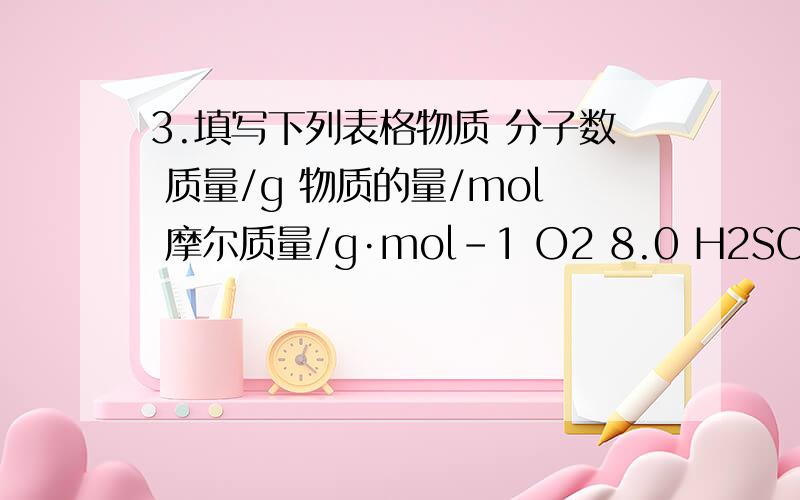 3.填写下列表格物质 分子数 质量/g 物质的量/mol 摩尔质量/g·mol-1 O2 8.0 H2SO4 3.01×10^23H2O 0.5