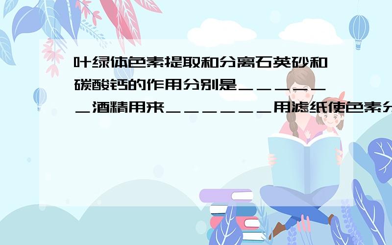 叶绿体色素提取和分离石英砂和碳酸钙的作用分别是＿＿＿＿＿＿酒精用来＿＿＿＿＿＿用滤纸使色素分离的原理是＿＿＿＿＿＿＿