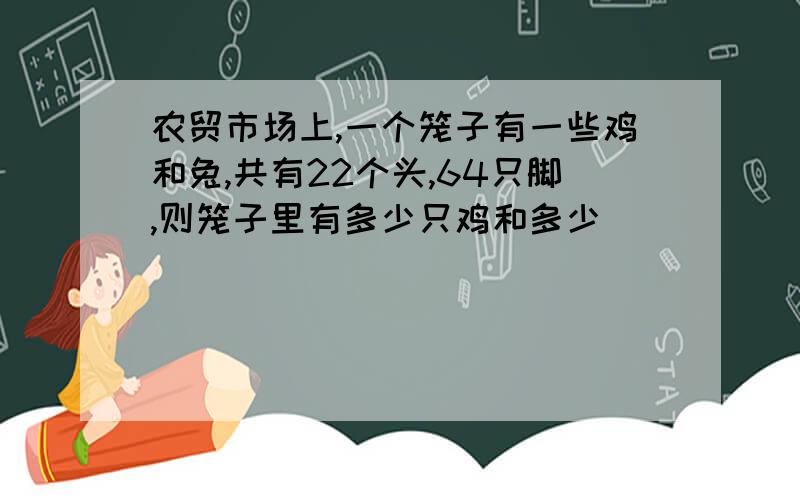 农贸市场上,一个笼子有一些鸡和兔,共有22个头,64只脚,则笼子里有多少只鸡和多少