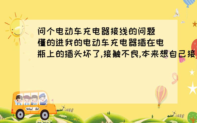 问个电动车充电器接线的问题 懂的进我的电动车充电器插在电瓶上的插头坏了,接触不良,本来想自己接一个插头,但是由于对这方面不懂,接了个插头后直接不充电 ,有没有懂的人告诉我下怎么