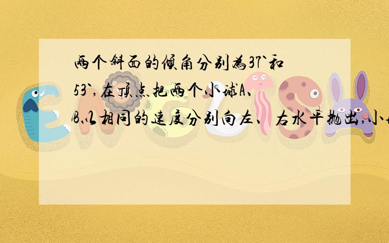 两个斜面的倾角分别为37`和53`,在顶点把两个小球A、B以相同的速度分别向左、右水平抛出,小球都落在斜面上,若不计空气阻力,求A.B两个小球运动的时间之比为多少?我怎么做也做不到正确答案