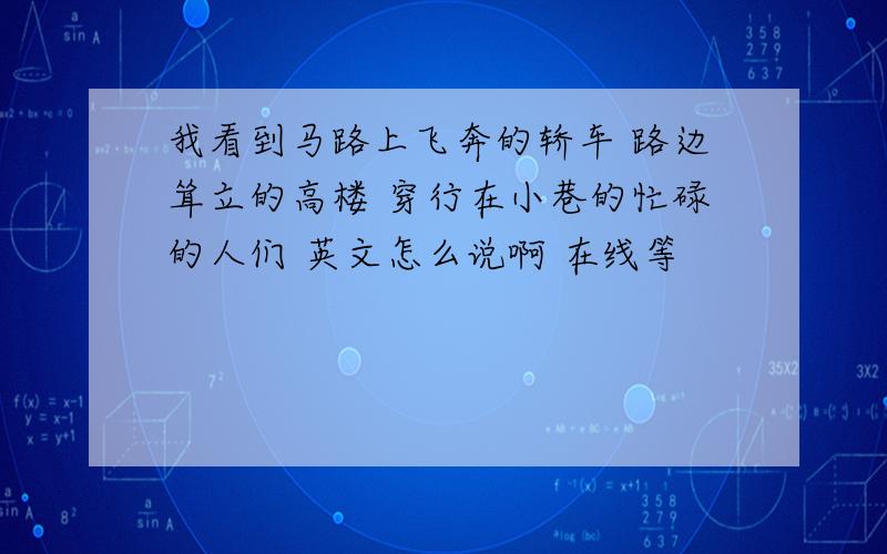 我看到马路上飞奔的轿车 路边耸立的高楼 穿行在小巷的忙碌的人们 英文怎么说啊 在线等