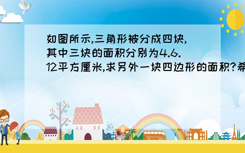 如图所示,三角形被分成四块,其中三块的面积分别为4.6.12平方厘米,求另外一块四边形的面积?希望有算式,请按图形比例来做!我财富值暂时不多,日后补偿.图如下：