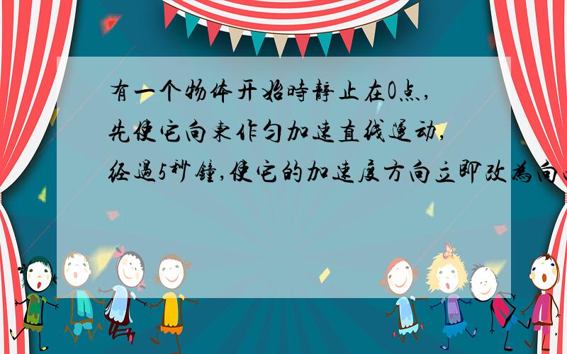 有一个物体开始时静止在O点,先使它向东作匀加速直线运动,经过5秒钟,使它的加速度方向立即改为向西,加速度的大小不改变,再经过5秒钟,又使它加速度方向改为向东,但加速度大小不改变,如