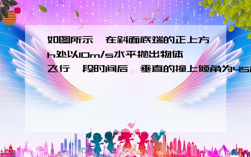 如图所示,在斜面底端的正上方h处以10m/s水平抛出物体飞行一段时间后,垂直的撞上倾角为45度的斜面上.求物体在空中飞行的时间?