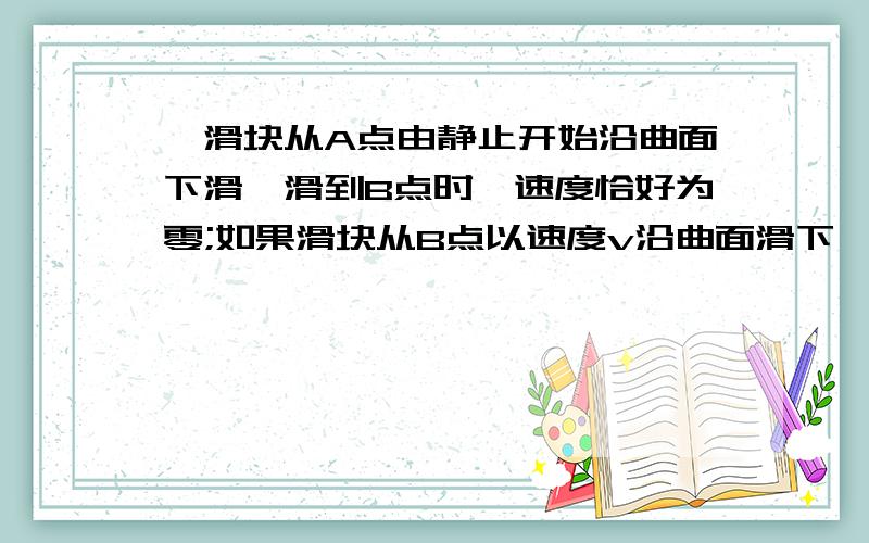 ,滑块从A点由静止开始沿曲面下滑,滑到B点时,速度恰好为零;如果滑块从B点以速度v沿曲面滑下,返%,滑块从A点由静止开始沿曲面下滑,滑到B点时,速度恰好为零；如果滑块从B点以速度v沿曲面滑