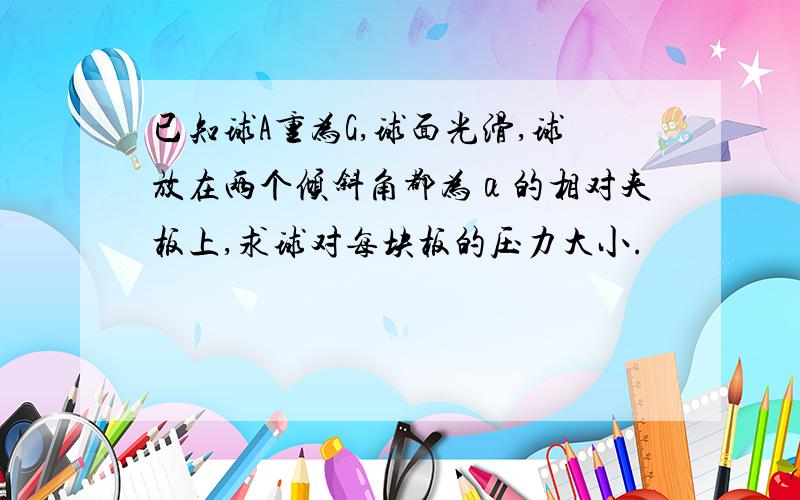 已知球A重为G,球面光滑,球放在两个倾斜角都为α的相对夹板上,求球对每块板的压力大小.