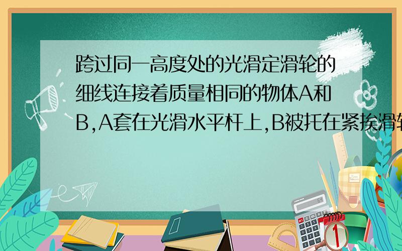 跨过同一高度处的光滑定滑轮的细线连接着质量相同的物体A和B,A套在光滑水平杆上,B被托在紧挨滑轮处,细线与水平杆的夹角θ＝53°,定滑轮离水平杆的高度h＝0.2m．当B由静止释放后,A所能获得