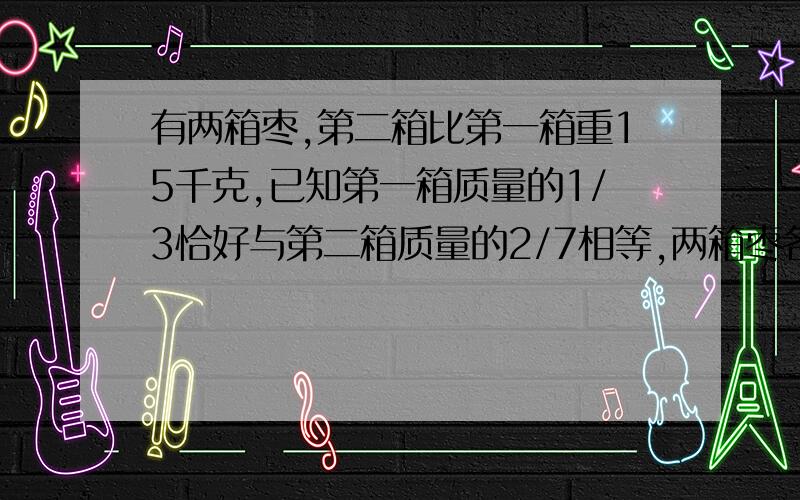 有两箱枣,第二箱比第一箱重15千克,已知第一箱质量的1/3恰好与第二箱质量的2/7相等,两箱枣各重多少