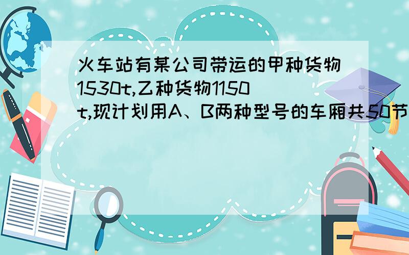 火车站有某公司带运的甲种货物1530t,乙种货物1150t,现计划用A、B两种型号的车厢共50节运送这批货物.已知35t甲种货物和15t乙种货物可装满A型货箱；25t甲种货物和35t乙种货物可装满B型货箱,据