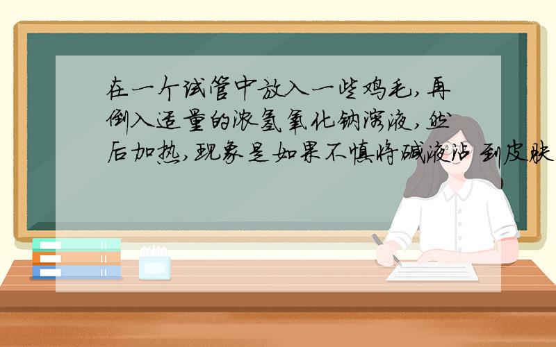 在一个试管中放入一些鸡毛,再倒入适量的浓氢氧化钠溶液,然后加热,现象是如果不慎将碱液沾到皮肤上应如何处理