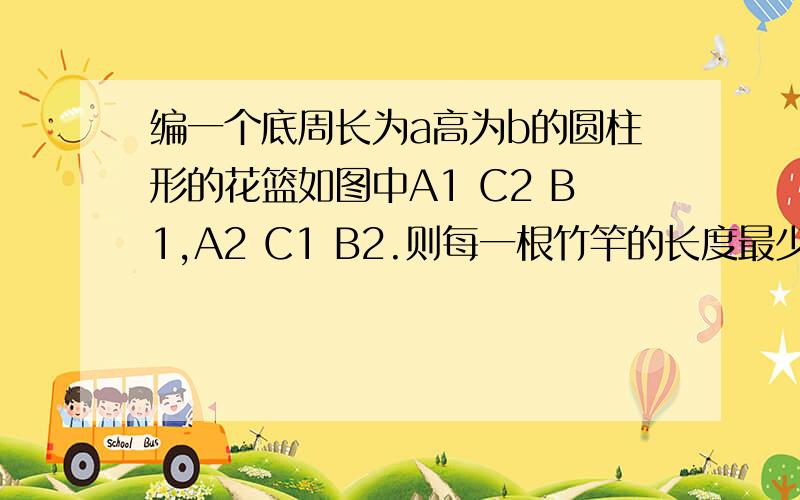 编一个底周长为a高为b的圆柱形的花篮如图中A1 C2 B1,A2 C1 B2.则每一根竹竿的长度最少多少?在线等!编一个底周长为a高为b的圆柱形的花篮,需沿圆柱一侧缠绕竹条若根,如图中A1 C2 B1,A2 C1 B2.则每