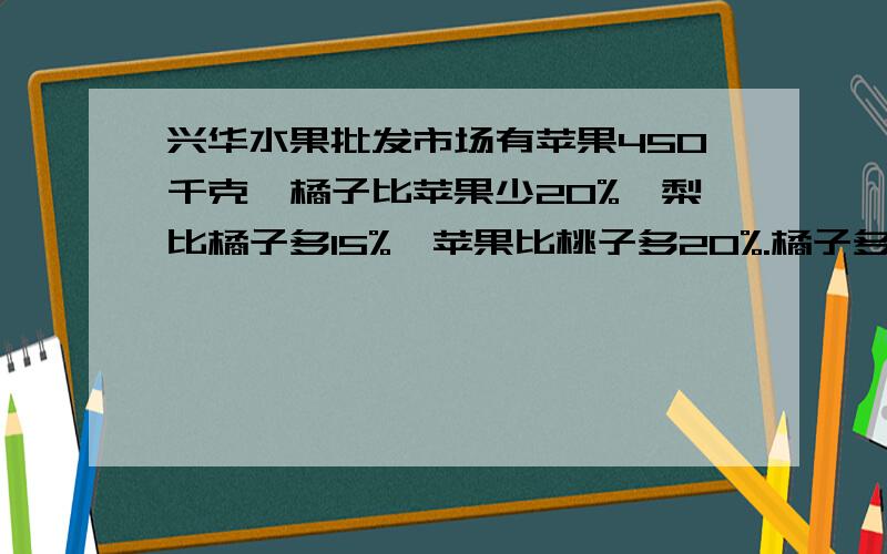 兴华水果批发市场有苹果450千克,橘子比苹果少20%,梨比橘子多15%,苹果比桃子多20%.橘子多少千克?,梨多少千克?桃子多少千克?