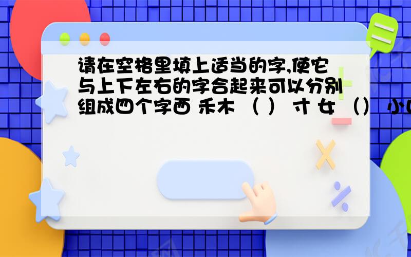 请在空格里填上适当的字,使它与上下左右的字合起来可以分别组成四个字西 禾木 （ ） 寸 女 （） 小口 皿