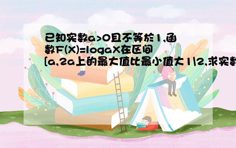 已知实数a>0且不等於1,函数F(X)=logaX在区间[a,2a上的最大值比最小值大1\2,求实数a的值.