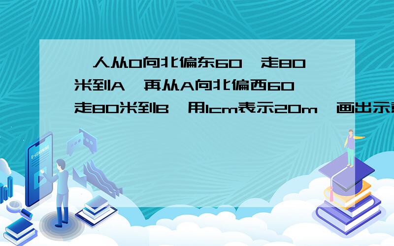 一人从O向北偏东60°走80米到A,再从A向北偏西60°走80米到B,用1cm表示20m,画出示意图并量出BO距离