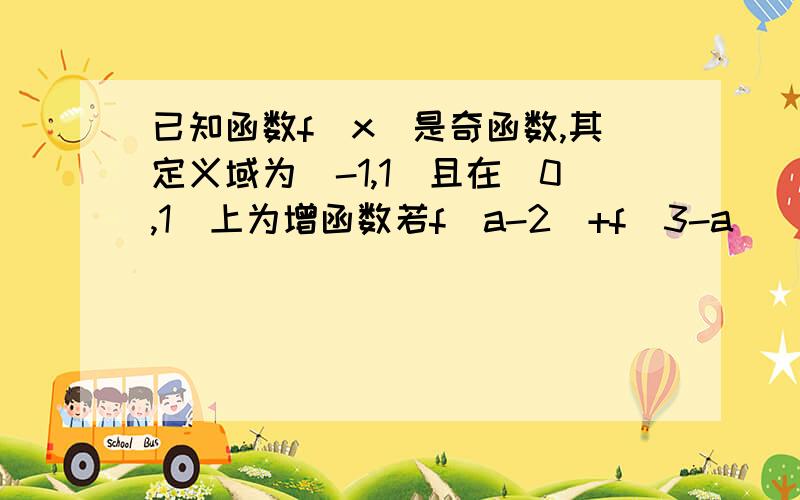 已知函数f（x）是奇函数,其定义域为（-1,1）且在[0,1]上为增函数若f(a-2)+f(3-a)