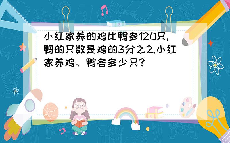 小红家养的鸡比鸭多120只,鸭的只数是鸡的3分之2.小红家养鸡、鸭各多少只?