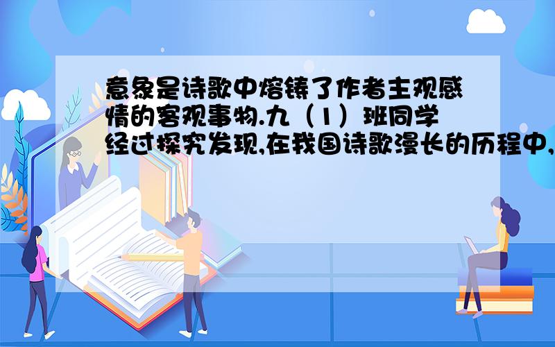 意象是诗歌中熔铸了作者主观感情的客观事物.九（1）班同学经过探究发现,在我国诗歌漫长的历程中,形成了许多传统的意象,它们蕴含的意义基本是固定的.如“月亮”这一意象,一般说来,古