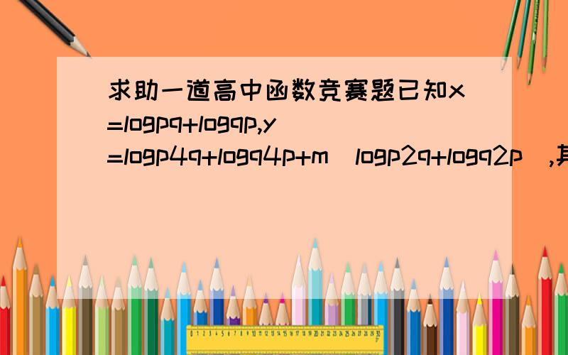 求助一道高中函数竞赛题已知x=logpq+logqp,y=logp4q+logq4p+m(logp2q+logq2p),其中p>1,q>1,m∈R.(1).将y表示成x的函数f(x),并求出其定义域；(2).若f(x)=0有且仅有一个实数根,求实数m的取值范围.最好有链接主要