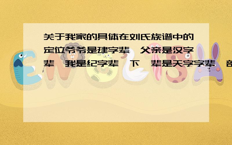 关于我家的具体在刘氏族谱中的定位爷爷是建字辈,父亲是汉字辈,我是纪字辈,下一辈是天字字辈一部分的排序是—— 建汉纪天