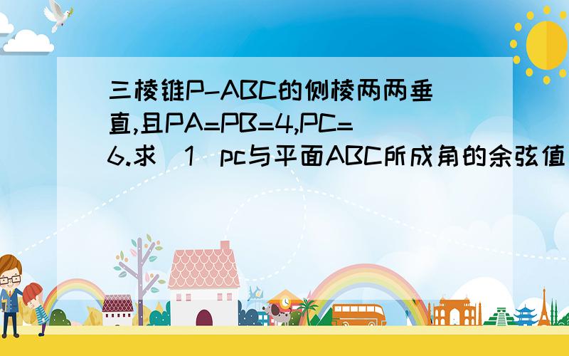 三棱锥P-ABC的侧棱两两垂直,且PA=PB=4,PC=6.求(1)pc与平面ABC所成角的余弦值；（2）求二面角A-BC-P余弦值大小