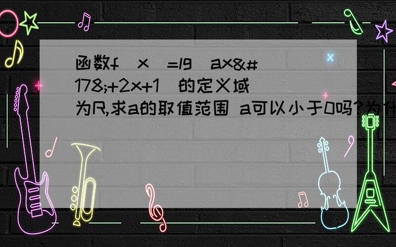 函数f(x)=lg(ax²+2x+1)的定义域为R,求a的取值范围 a可以小于0吗?为什么啊