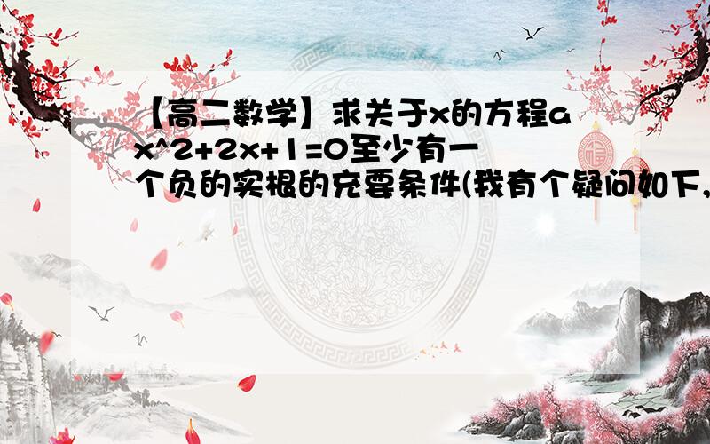 【高二数学】求关于x的方程ax^2+2x+1=0至少有一个负的实根的充要条件(我有个疑问如下,我想从反面解,“全是正根”但是遇到矛盾,如图,好奇怪啊,为什么会这样呢?如果要从“全是正根”这个角