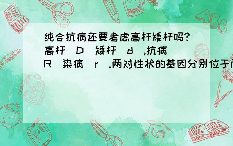 纯合抗病还要考虑高杆矮杆吗?高杆（D）矮杆（d),抗病（R）染病（r).两对性状的基因分别位于两对同源染色体上.DDRR与ddrr杂交,产生F1代DdRr,若F1连续自交3代,产生的F4代中纯合抗病植株占_______.