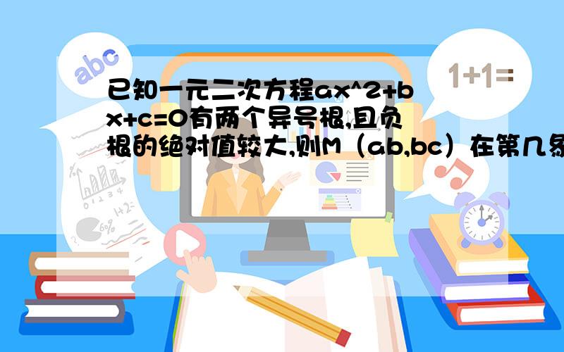 已知一元二次方程ax^2+bx+c=0有两个异号根,且负根的绝对值较大,则M（ab,bc）在第几象限