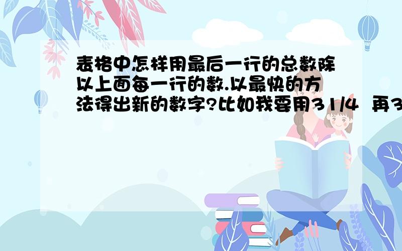 表格中怎样用最后一行的总数除以上面每一行的数.以最快的方法得出新的数字?比如我要用31/4  再31/5  31/6以此类推.有什么公式可以实现?