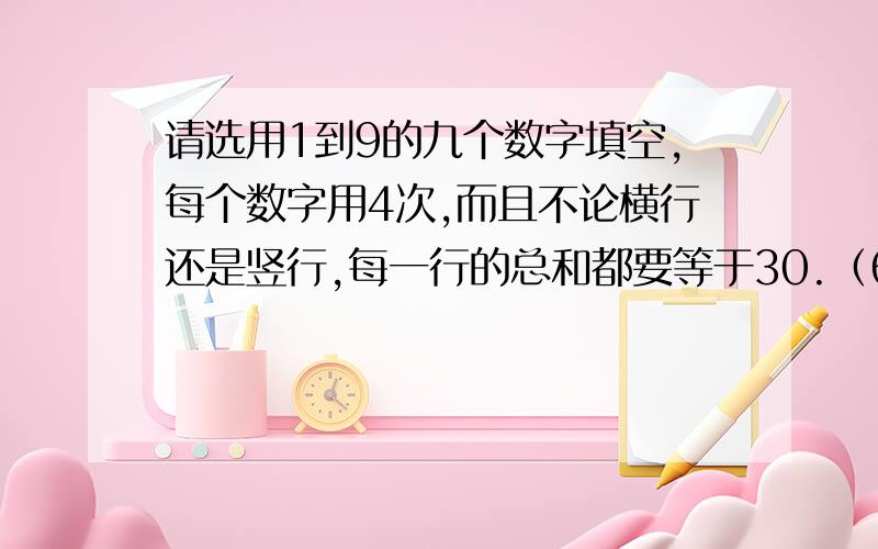 请选用1到9的九个数字填空,每个数字用4次,而且不论横行还是竖行,每一行的总和都要等于30.（6×6的方格中）7 41 5 6 85 6 8 9 2 3 这些数字是表格里出现的.不好意思,将就看嘛,我没有办法把表格