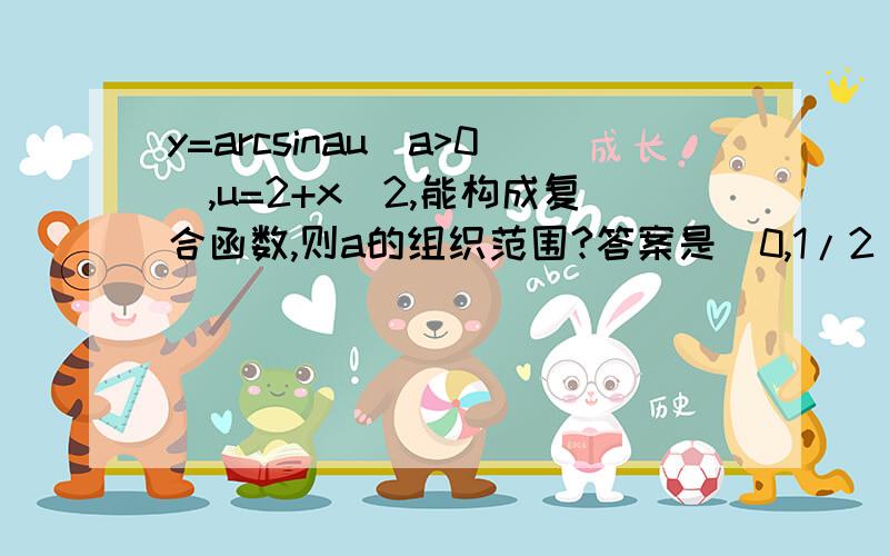 y=arcsinau(a>0),u=2+x^2,能构成复合函数,则a的组织范围?答案是（0,1/2] 不知道为什么是1/2,