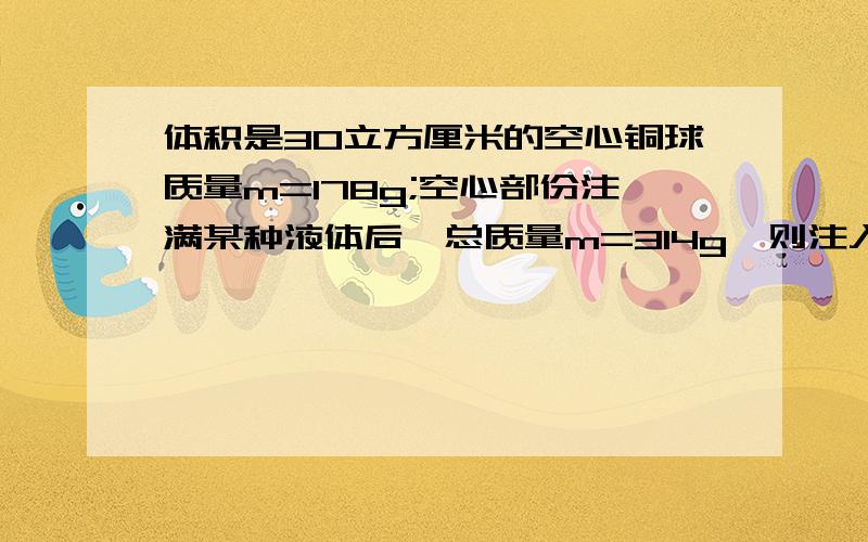 体积是30立方厘米的空心铜球质量m=178g;空心部份注满某种液体后,总质量m=314g,则注入的是何种液体?(p铜=8.9g/每立方厘米