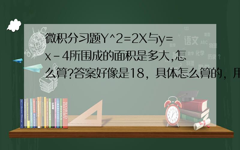 微积分习题Y^2=2X与y=x-4所围成的面积是多大,怎么算?答案好像是18，具体怎么算的，用什么方法