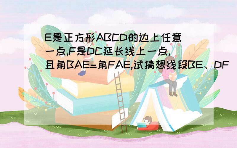 E是正方形ABCD的边上任意一点,F是DC延长线上一点,且角BAE=角FAE,试猜想线段BE、DF