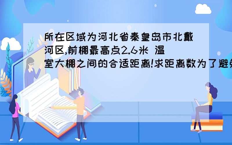 所在区域为河北省秦皇岛市北戴河区,前棚最高点2.6米 温室大棚之间的合适距离!求距离数为了避免前排温室对后排温室遮荫,两者之间需要有个合适的距离,通常是以冬至日不对后一排温室形