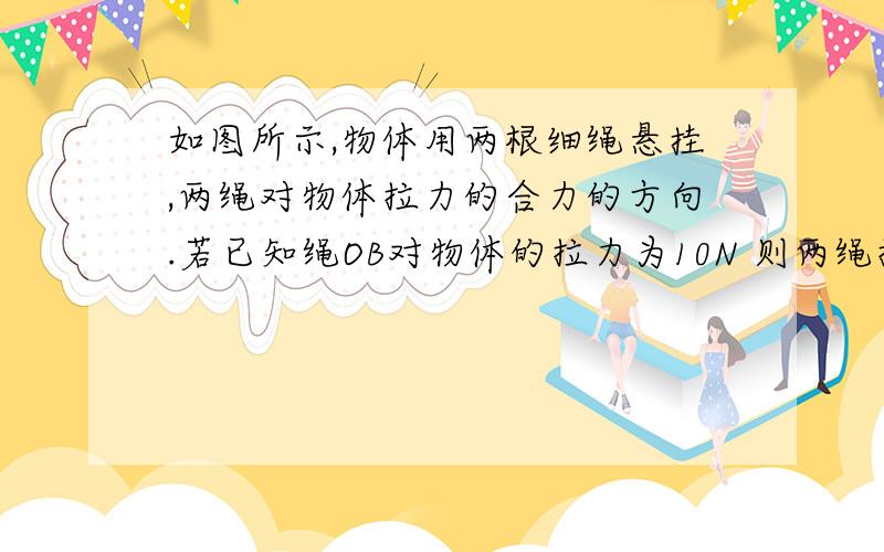 如图所示,物体用两根细绳悬挂,两绳对物体拉力的合力的方向.若已知绳OB对物体的拉力为10N 则两绳拉力的合力等于N,绳OB对物体的拉力为-N.谁给我具体分析下