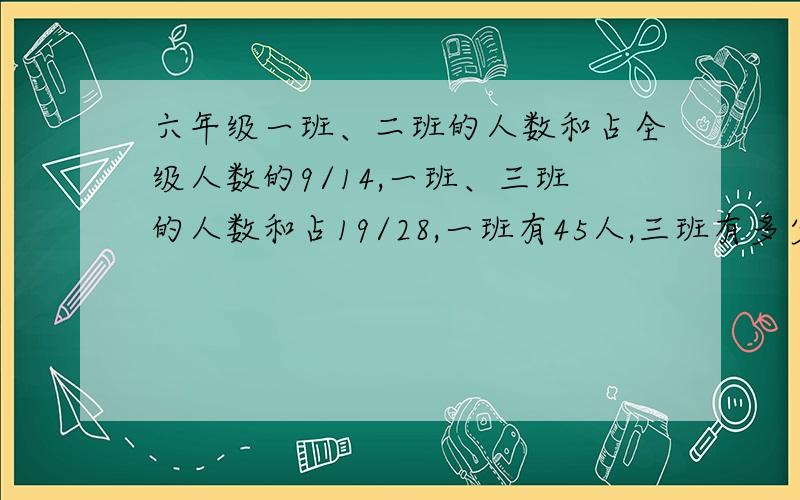 六年级一班、二班的人数和占全级人数的9/14,一班、三班的人数和占19/28,一班有45人,三班有多少人?