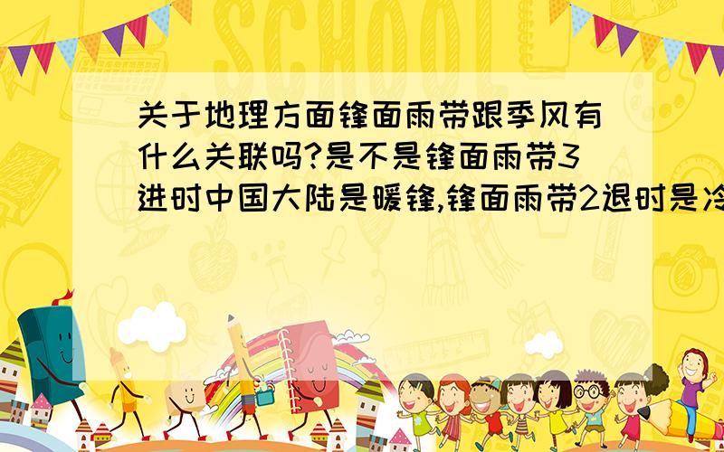 关于地理方面锋面雨带跟季风有什么关联吗?是不是锋面雨带3进时中国大陆是暖锋,锋面雨带2退时是冷锋?然后锋面雨带完全退出后由冷气团控制?那么春天有什么控制呢?