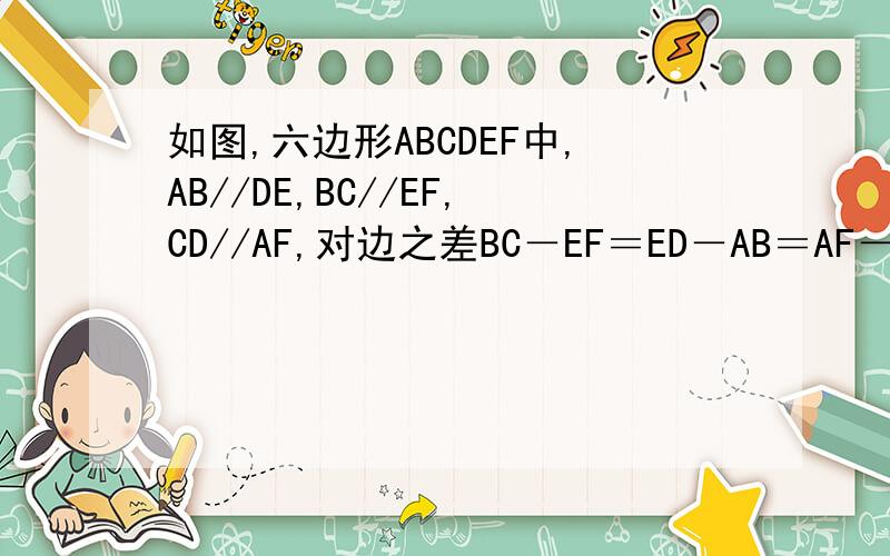 如图,六边形ABCDEF中,AB//DE,BC//EF,CD//AF,对边之差BC－EF＝ED－AB＝AF－CD＞0,求证：该六边形的各角相等.