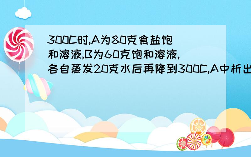 300C时,A为80克食盐饱和溶液,B为60克饱和溶液,各自蒸发20克水后再降到300C,A中析出mA克食盐,B中析出mB克食盐,请比较mA和mB的大小,为什么?300C时食盐的溶解度是多少?