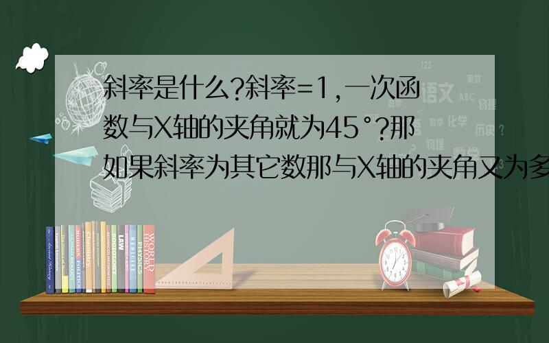 斜率是什么?斜率=1,一次函数与X轴的夹角就为45°?那如果斜率为其它数那与X轴的夹角又为多少度?