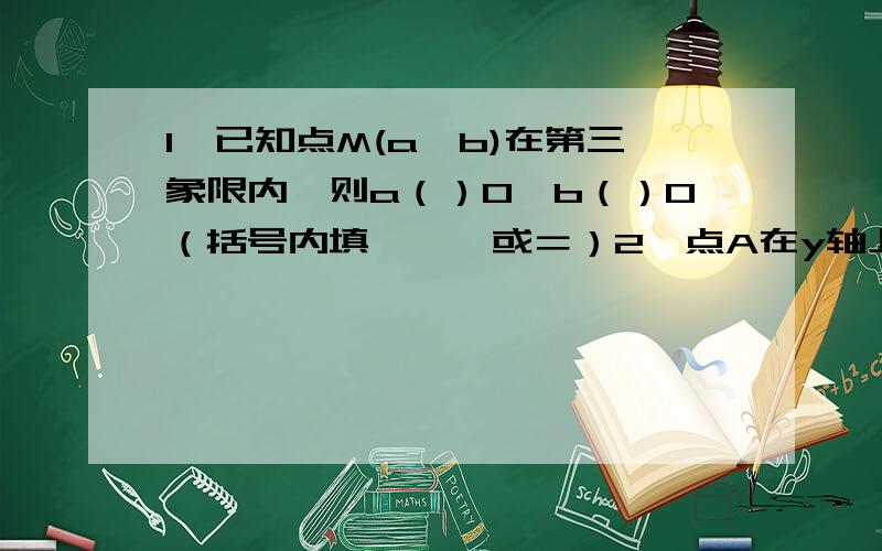 1、已知点M(a,b)在第三象限内,则a（）0,b（）0（括号内填＞,＜或＝）2、点A在y轴上,距离原点4个单位长度,则A点的坐标是（）