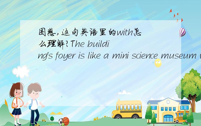 困惑,这句英语里的with怎么理解?The building's foyer is like a mini science museum with glass cabinets full of mechanical artifacts—some cut to show cross sections and many of them actually used in space.“with”是修饰building's foye